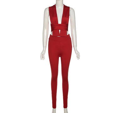 Two Piece Set Women Undefined Ribbon Unique H-Shape Sexy Cleavage Bandage Top+Solid Sheath Casual Pants High Streetwear