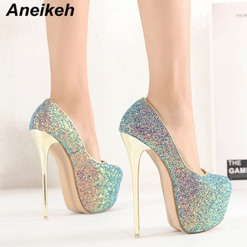 Aneikeh Sexy Size 43 44 45 Bling High Heels Pumps Platform Fashion Striptease Shoes For Women Summer Slip-On Sandals Mujer 2023
