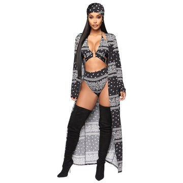 Adogirl Women Bandana Print Four Pieces Set Swimsuit