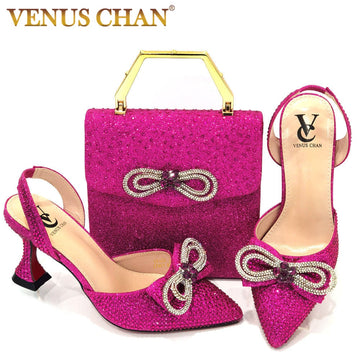 Italian Design African Womens High Heel Pointed Toe Sandals Party Wedding Party Fuchsia Color Shoes and Bags Set