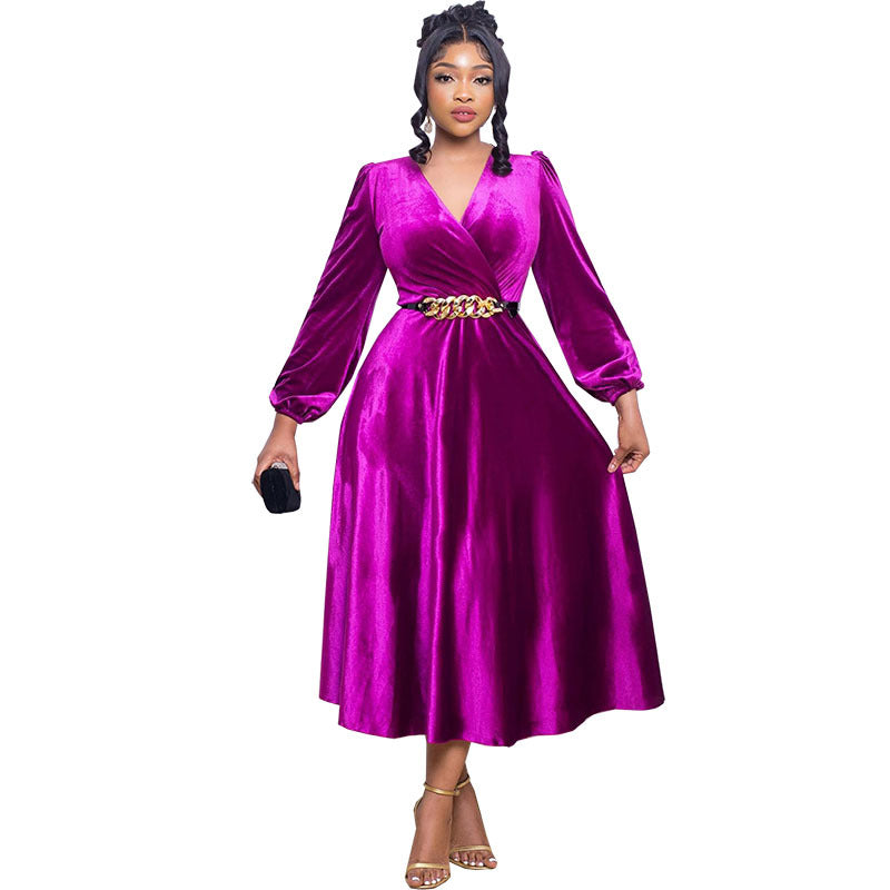 Women's Long-sleeved Waist A- Line Dress Fashion Dress