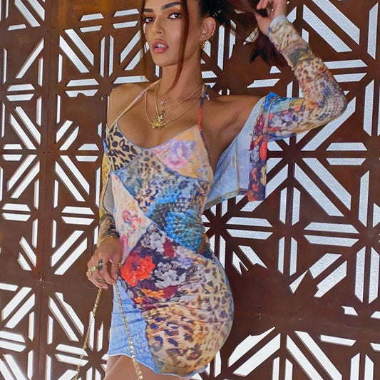 Floral Stitching Tie Halter Neck V-neck Dress