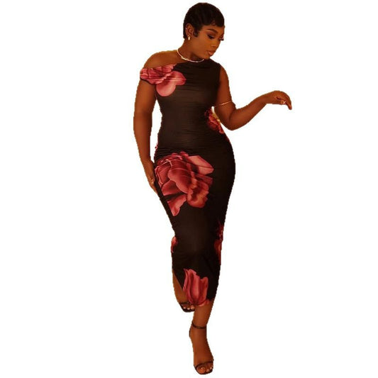 Elegant Printed Bodycon Pleated One-Shoulder Dress