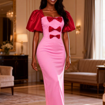 Fashionable Contrasting-Color Bow-Detailed Satin Puff-Sleeve Dress