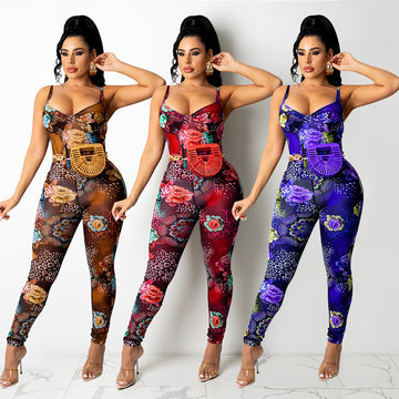 Women's Mesh Printed Jumpsuit Trousers