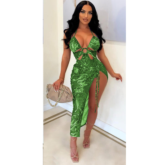 Women's Clothing Printed Lace Up Iron Hoop Beachwear Two-piece Set