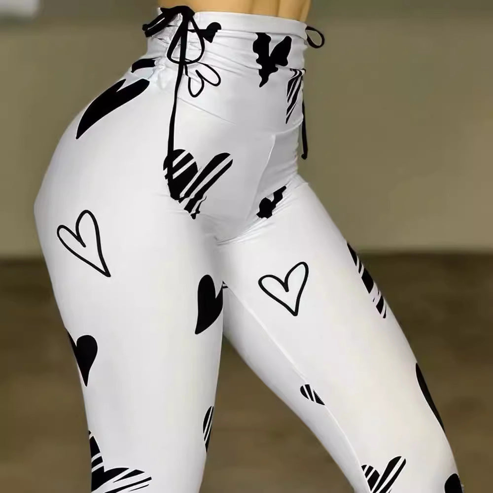 Drawstring Heart Print Yoga Sports Hip-hop Fitness Leggings