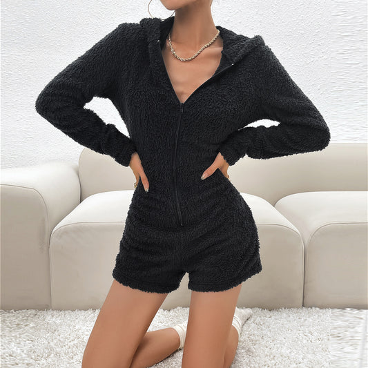 Women's Fashion Temperament Leisure Solid Color Long-sleeved Top One-piece Shorts