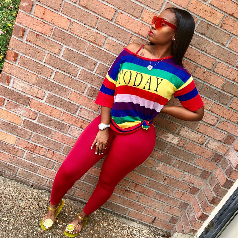 Autumn Fashion Sporting Women set Rainbow Striped Letter Print T-shirt Skinny Pencil Pants Suit Two Piece Set Elegant Tracksuit