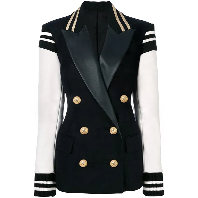 HIGH STREET New Fashion Stylish Blazer Varsity Jacket Women's Leather Sleeve Patchwork Lion Buttons Blazer