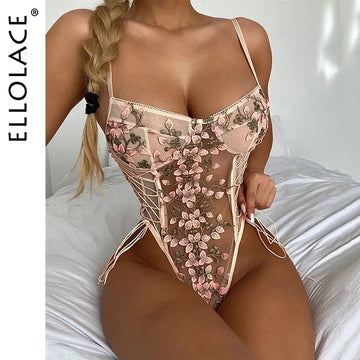 Ellolace Floral Embroidery Bodysuit Women Lace Up Bandage Bodies Sexy Sleeveless Bodycon Transparent Lingerie Mesh Bodysuits Top