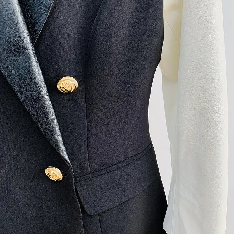 HIGH STREET New Fashion Stylish Blazer Varsity Jacket Women's Leather Sleeve Patchwork Lion Buttons Blazer