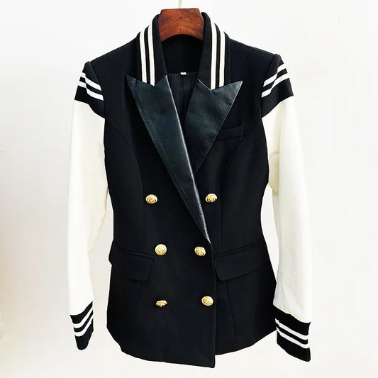 HIGH STREET New Fashion Stylish Blazer Varsity Jacket Women's Leather Sleeve Patchwork Lion Buttons Blazer