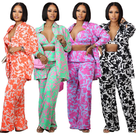 Women's Printed Trousers Three-piece Set Suit