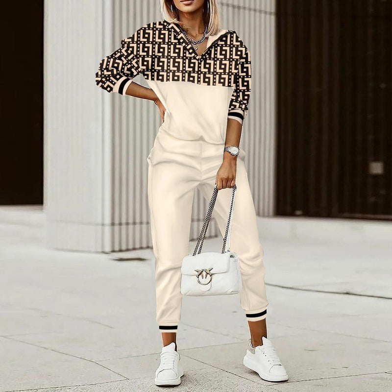 Fashion Women Plaid Print Zipper Front Hooded Top & Pants Set Two Pieces Suit Flare Pants Outwear