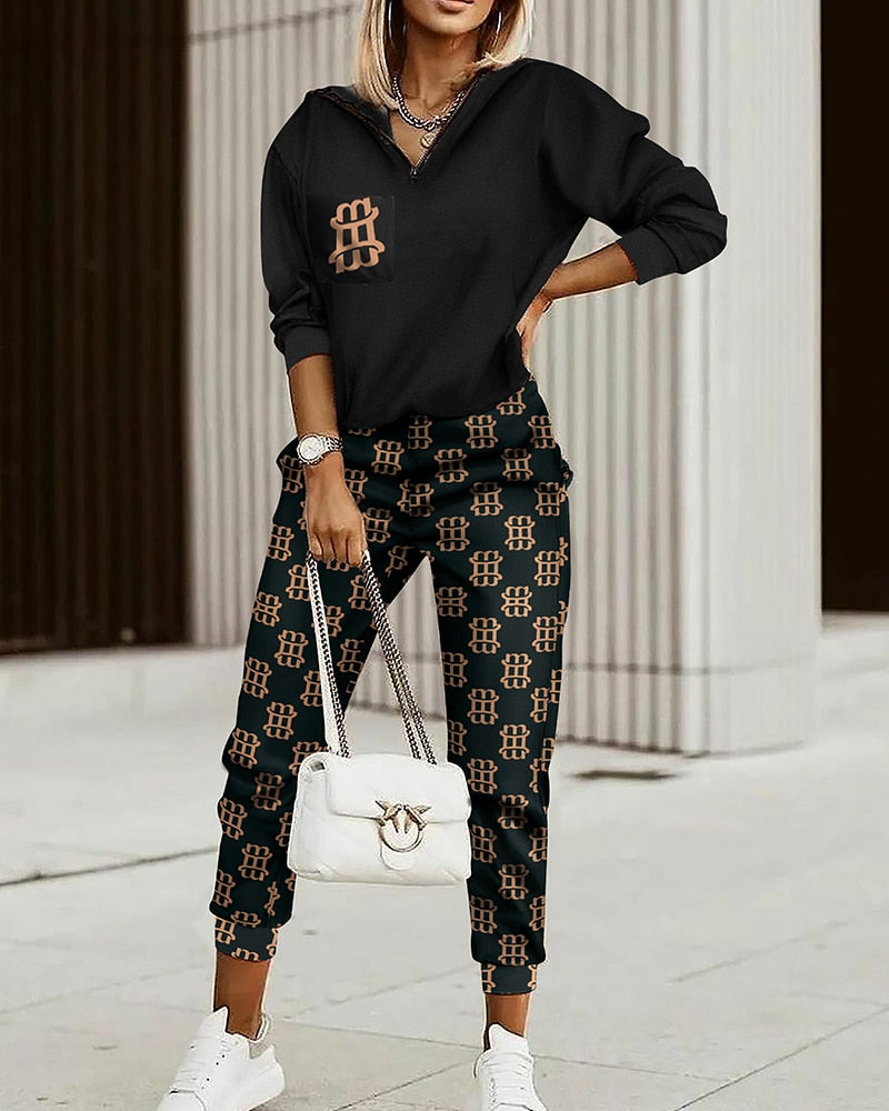 Fashion Women Plaid Print Zipper Front Hooded Top & Pants Set Two Pieces Suit Flare Pants Outwear