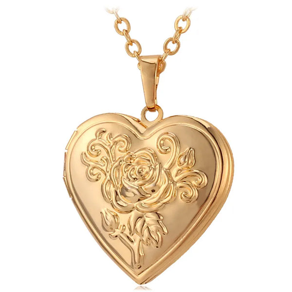 U7 Openable Heart Locket Necklace Photo Frame Memory Romantic Love Embossed Rose Flower Pendant for Women Best Mother's Day Gift