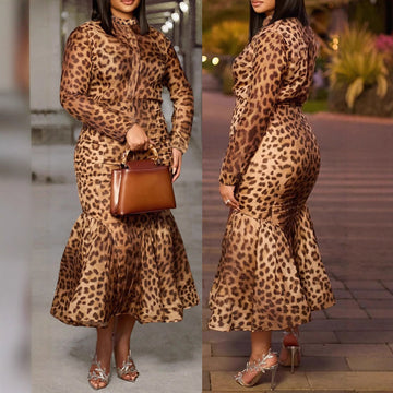 Plus-size Casual Two-piece Set Featuring A Long-sleeved Fishtail Skirt And Top