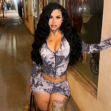 Women's Zip-up Crew-neck Printed Shorts Set