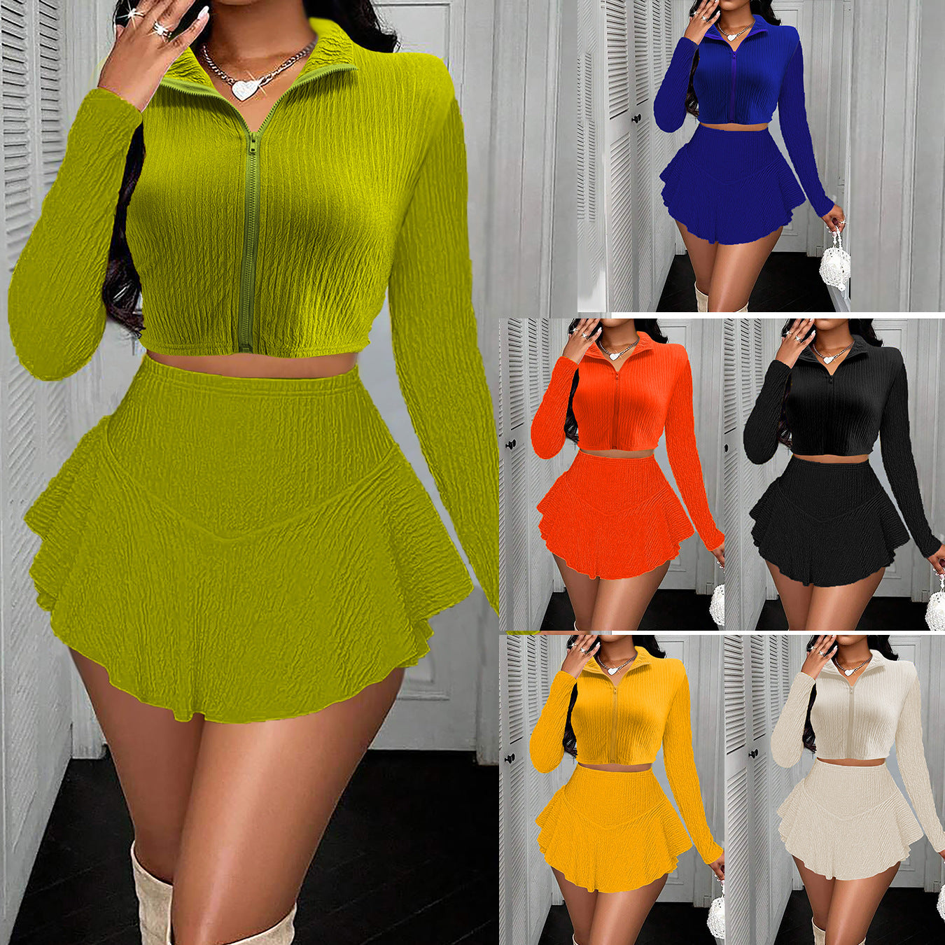 Zipper Short Top Ruffled Pantskirt Skirt Suit