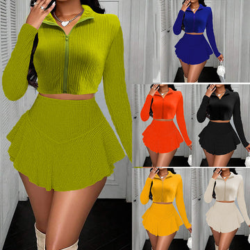 Zipper Short Top Ruffled Pantskirt Skirt Suit