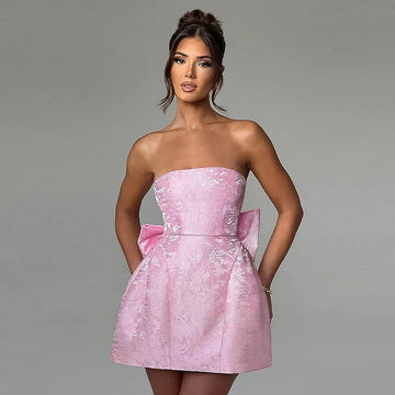 Fashionable Chic Sexy Solid-Color Jacquard Tube Dress With Bow Accent