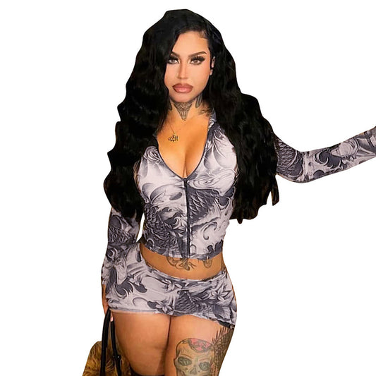 Women's Zip-up Crew-neck Printed Shorts Set