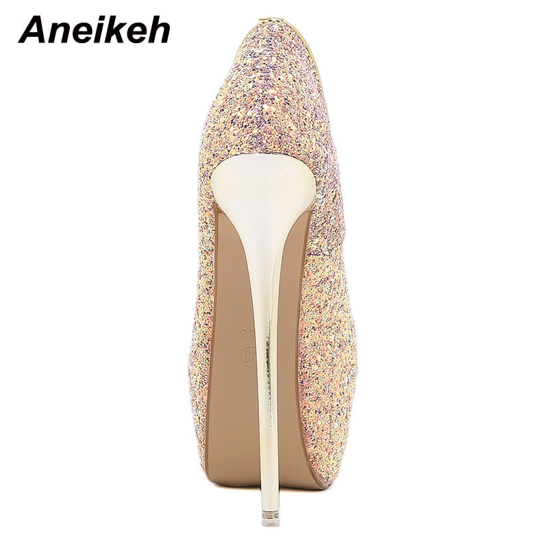Aneikeh Sexy Size 43 44 45 Bling High Heels Pumps Platform Fashion Striptease Shoes For Women Summer Slip-On Sandals Mujer 2023