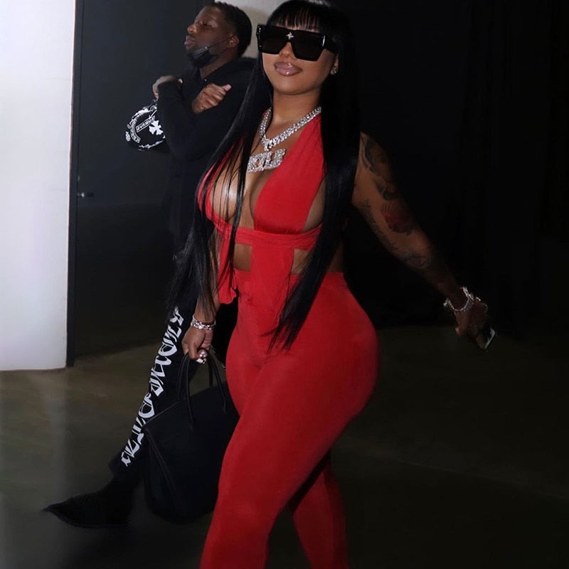 Two Piece Set Women Undefined Ribbon Unique H-Shape Sexy Cleavage Bandage Top+Solid Sheath Casual Pants High Streetwear