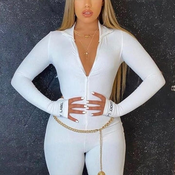 Turtleneck Knit Rib Bodycon Fitness Playsuit Sportswear Long Sleeve Zipper Body Embroidery Lucky Label Rompers Womens Jumpsuit