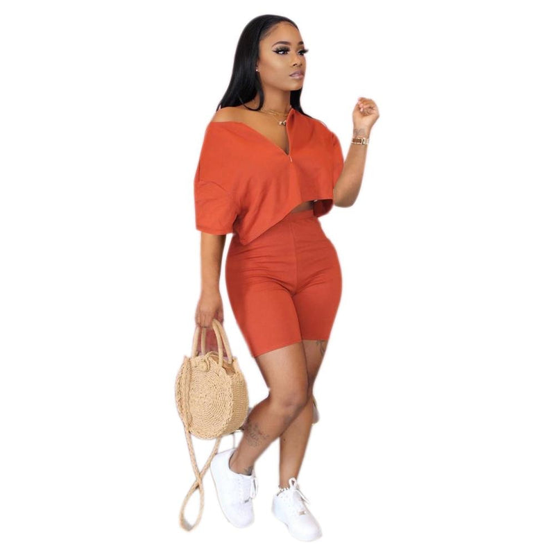 Casual Tracksuit 2 piece set  Crop Top + Pants  Short Sleeve Deep V-neck Summer Cloth For Women Outfits Solid 7 Color