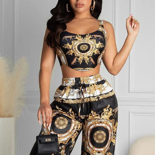 Women Black Clubwear Two Piece Suit Sets Sleeveless Scarf Print Crop Top & High Waist Casual Long Pants Set