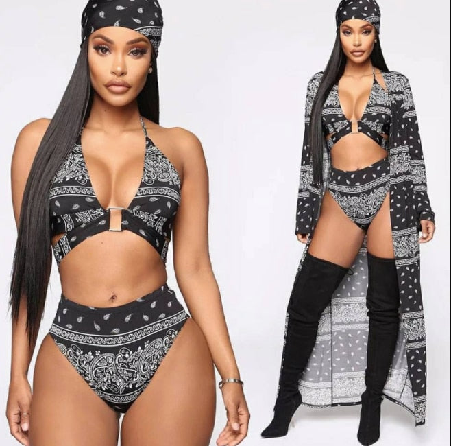 Adogirl Women Bandana Print Four Pieces Set Swimsuit