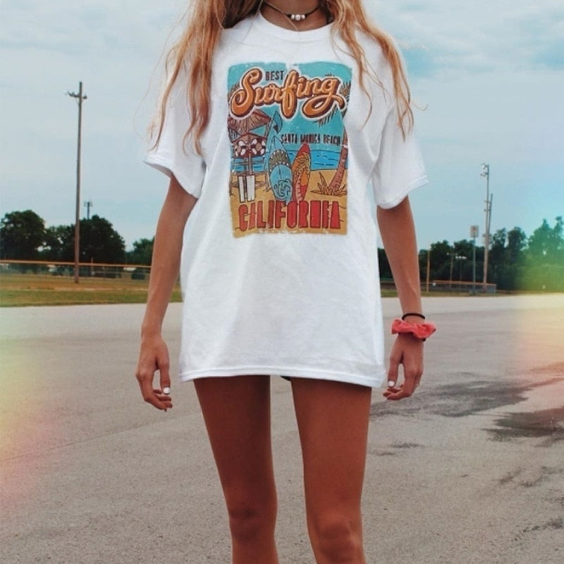 1pcs WHITE Tees Summer Casual Oversized Tee Best Surfing Santa Monica California Womens Retro Style T-Shirt Vacation Beach Shirt