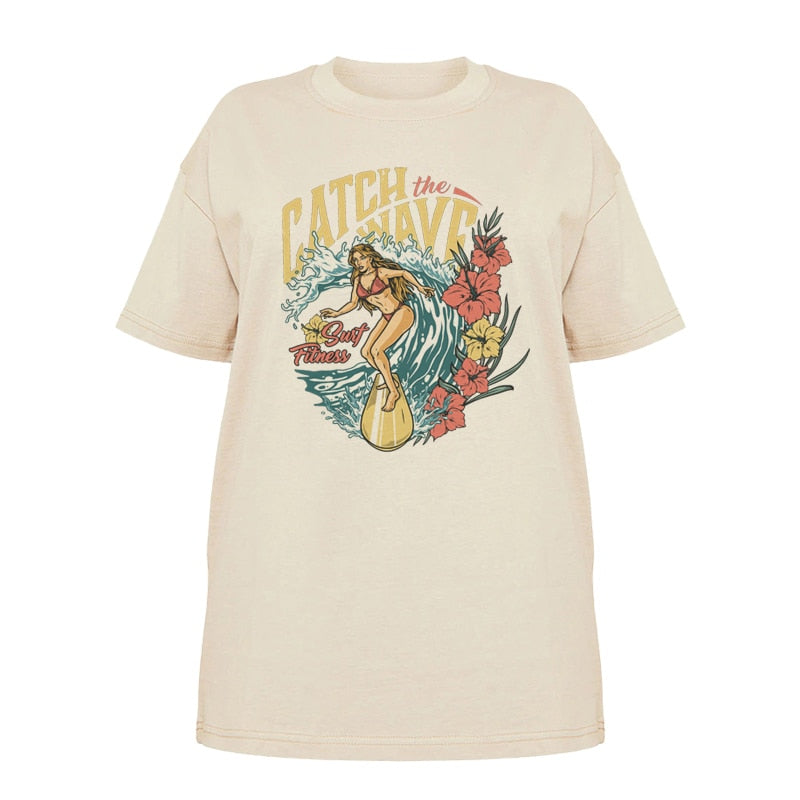 1pcs WHITE Tees Summer Casual Oversized Tee Best Surfing Santa Monica California Womens Retro Style T-Shirt Vacation Beach Shirt
