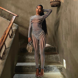 Sexy Hipster Long Sleeve O-Neck Female Streetwear Outfits Mesh Striped Two Piece Set Women Sheath Body-Shaping High Street