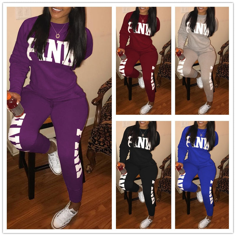 Plus Size Women Casual Set Two Piece Breathable Long Trousers Top Set Pink Letter Trinted Women Tracksuit Blue Purple Red Black