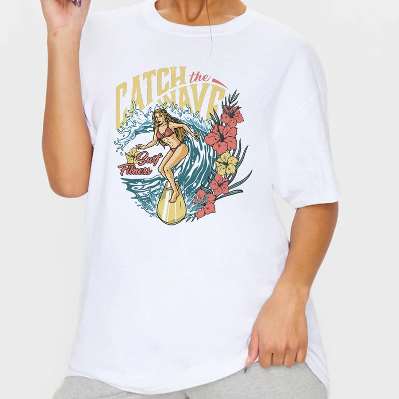1pcs WHITE Tees Summer Casual Oversized Tee Best Surfing Santa Monica California Womens Retro Style T-Shirt Vacation Beach Shirt