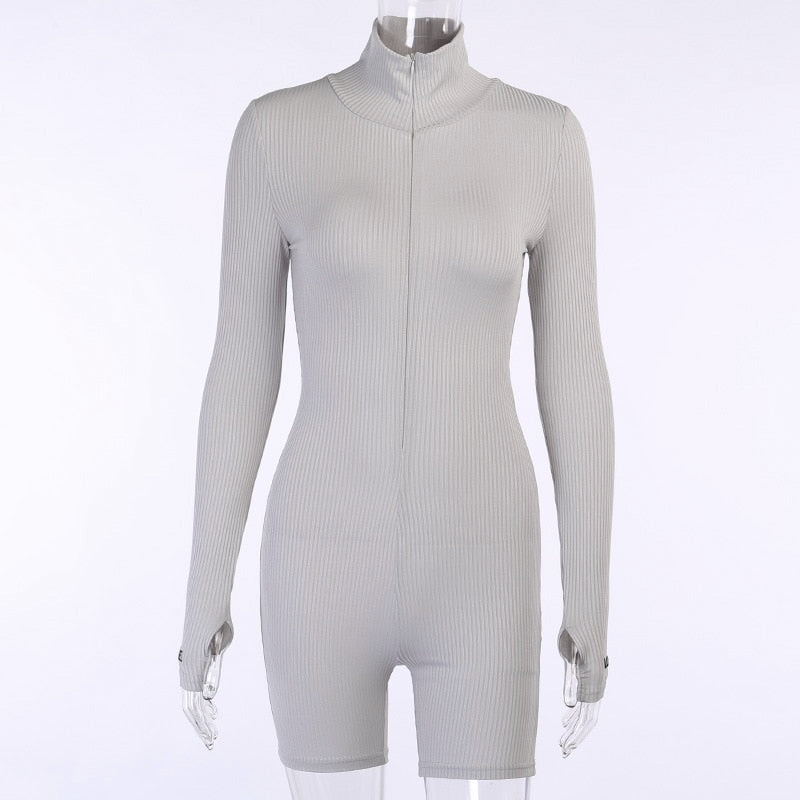 Turtleneck Knit Rib Bodycon Fitness Playsuit Sportswear Long Sleeve Zipper Body Embroidery Lucky Label Rompers Womens Jumpsuit