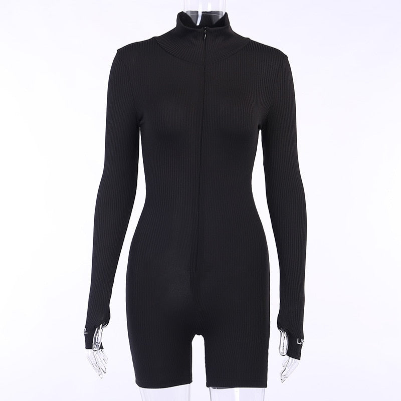 Turtleneck Knit Rib Bodycon Fitness Playsuit Sportswear Long Sleeve Zipper Body Embroidery Lucky Label Rompers Womens Jumpsuit