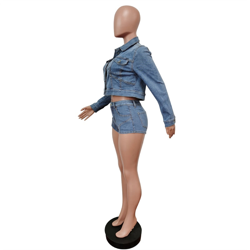 Adogirl Jeans 2 Piece Sets Women Stretchy Denim Suits Single Breasted Turn Down Collar Long Sleeve Short Jacket And Shorts