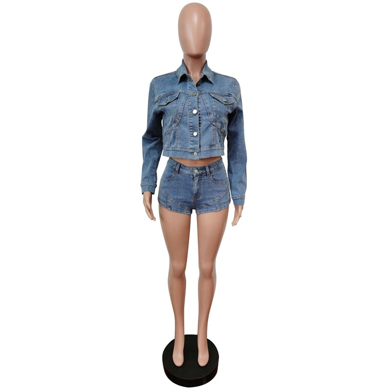 Adogirl Jeans 2 Piece Sets Women Stretchy Denim Suits Single Breasted Turn Down Collar Long Sleeve Short Jacket And Shorts