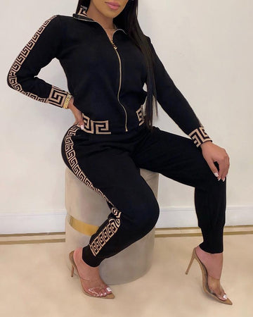 Tracksuits Women Elegant Two-Pieces Suit Sets Female Stylish Plus Size Greek Fret Print Coat & Pant Zip Sets Joggers Women