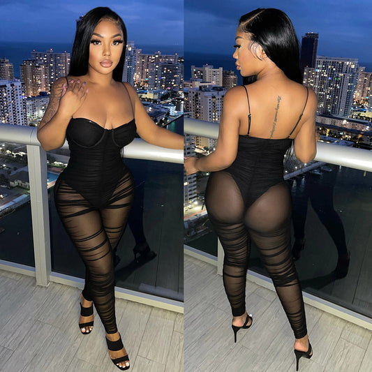 Sexy Clubwear Bodycon Sleeveless Jumpsuit Black Women Mesh Transparent Stacked Romper Ladies Strap Backless Skinny Jumpsuit