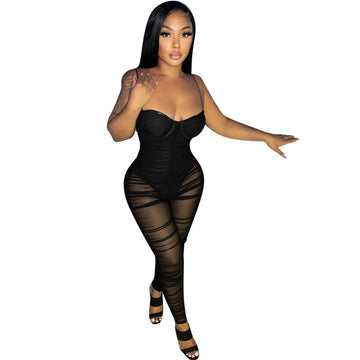 Sexy Clubwear Bodycon Sleeveless Jumpsuit Black Women Mesh Transparent Stacked Romper Ladies Strap Backless Skinny Jumpsuit
