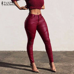 Long Pants Sexy Slim Stretch Solid PU Leather Trousers Mid Waist Pockets Zipper Splice Pencil Pants Plus Size